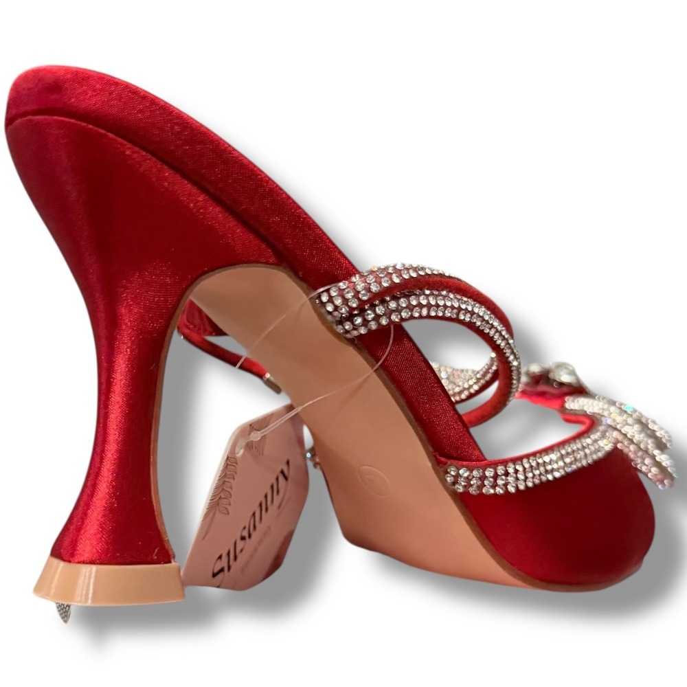 Susanny Red Stiletto Heel Sandals Women's Sz 7.5 Pointed Toe Bow Rhinestone - Picture 9 of 16